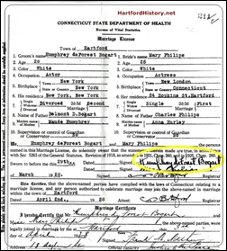 Bogart's Hartford marriage license