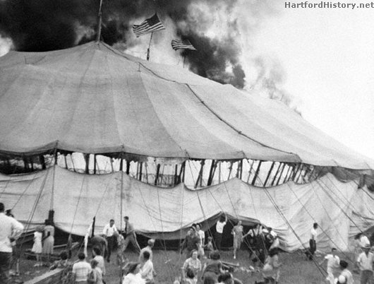 Photo of tent burning at Hartford circus fire, 1944.